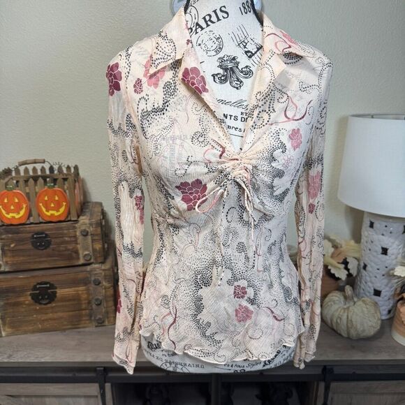 The Limited Tops - The Limited Y2k 100% Silk Sheer Retro Floral Long Sleeve Blouse Sz M Coquette